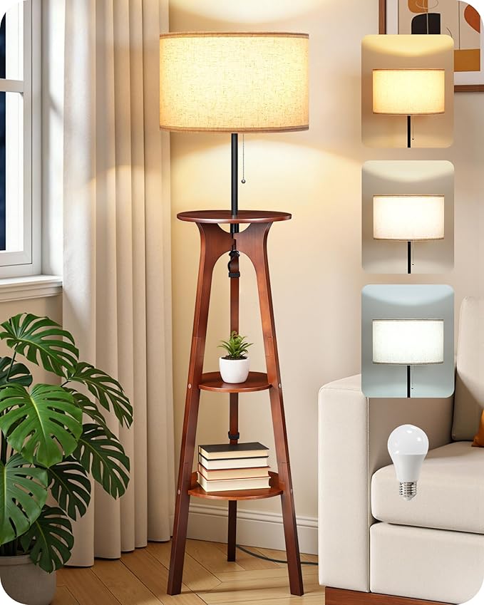 3 Tier Shelf Floor Lamps, Wood Tripod Floor Lamp, Large Linen Lampshade, 3 Color Temperature LED Bulb Included, Modern Shelf Floor Lamp for Living Room Bedroom Beige and Walnut STE25LD05