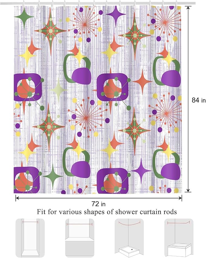 Mid Century Shower Curtain, 72x84inch, Modern Abstract Retro Purple Striped Geometric Shower Curtain Sets 1950s Boho Bathroom Shower Curtain with 12 Hooks