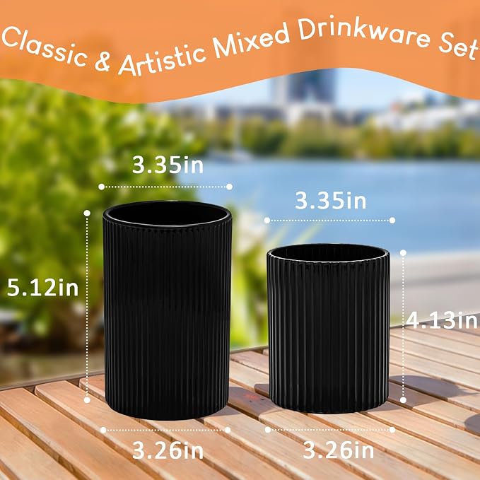 14 oz & 18 oz Ribbed Drinking Glasses Set of 12, Vintage Iced Coffee Cups Elegant Glassware, Highball Glass Cups Ridged Glass Tumbler for Cocktail, Whiskey, Beer, Water, Juice, Origami Style Black