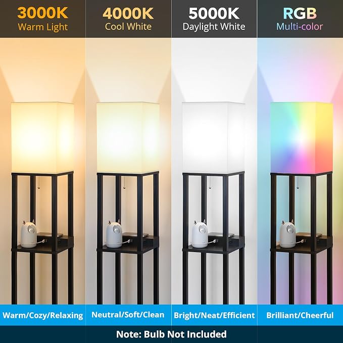 Mlambert Modern Shelf Floor Lamp with Wireless Charger & Fast Charging USB Ports & Type C Port & 2 Power Outlets,3 Tier Storage Lamp for Bedroom,Black