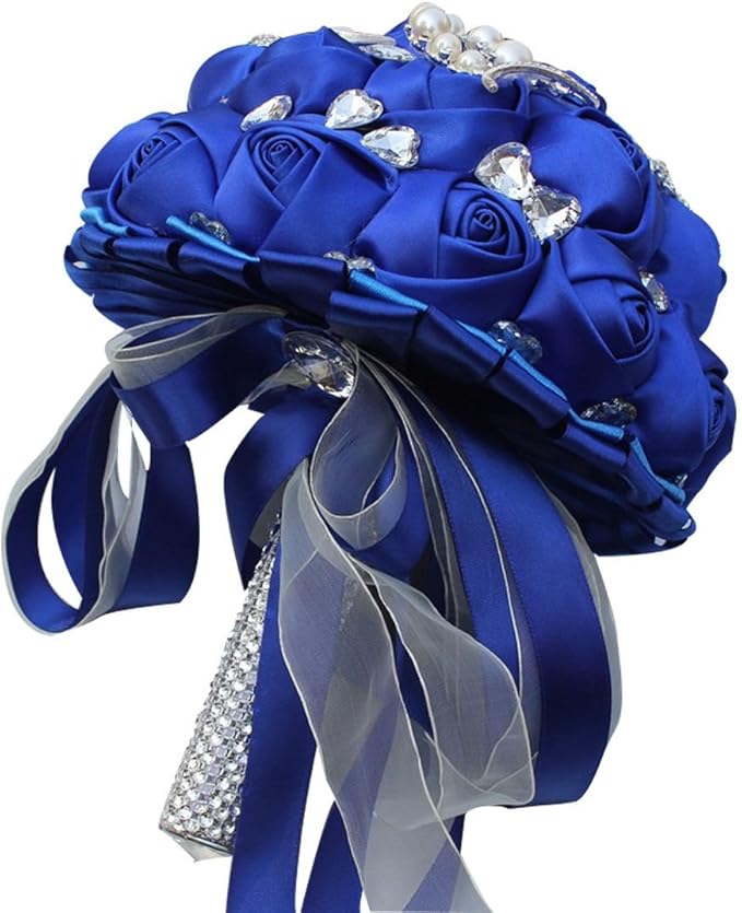 S_SSOY Customizable Romantic Wedding Bouquets Silk Flowers Bridal Holding Roses Bride Bridesmaid Brooch Bouquet with Pearl Diamond Crystal Ribbon Valentine's Day with Free Corsage (Blue)