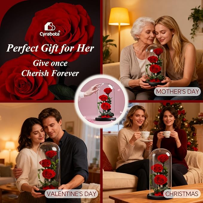 Forever Rose in Glass Dome,12.3 Inch Preserved Real Roses Gift, Long Lasting Eternal Flowers for Women, Mom, Wife, Valentine's Day, Anniversary, Red