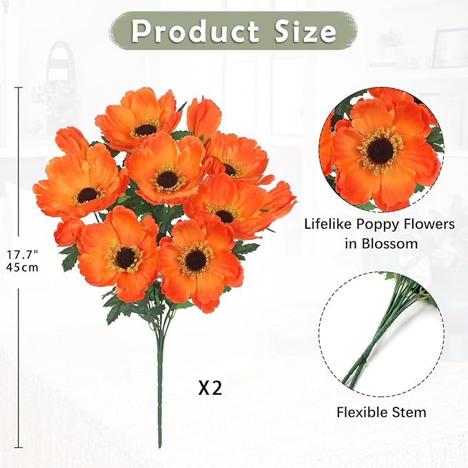 Hollyone 10 Heads Orange Poppy Flowers Artificial 2Pcs Fake Poppies Flowers Bouquets with 7 Heads Full Bloom Poppy & 3 Buds Bouquet Stems Spring Sumer Faux Floral Flower Arrangement for DIY Home Decor