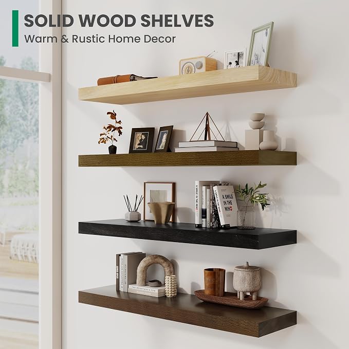 Solid Wood Floating Shelves For Wall, 24”W x 9”D x 1.56”H Large Wall Shelves for Living Room Bedroom Bathroom Kitchen Drcor Storage with Invisible Heavy-Duty Metal Bracket, Light Brown, Set of 2