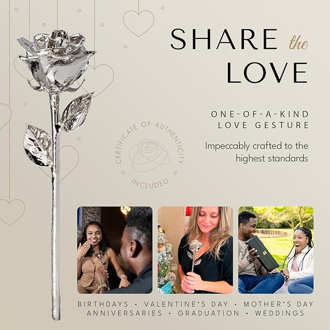 Forever Rose Enchanted Preserved with Real Platinum Rose Lasts Forever | Includes Wood Base & Glass Dome | Platinum Dipped Rose Assembled by Hand in The USA | Romantic Gifts for Women