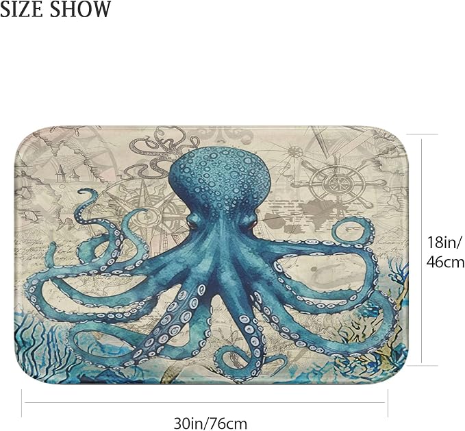 Britimes Blue Bath Mat for Bathroom, Sea Theme Octopus Washable Cover Floor Rug Carpets Floor Mat Bathroom Decorations 18x30 Inches for Kitchen Bedroom Indoor