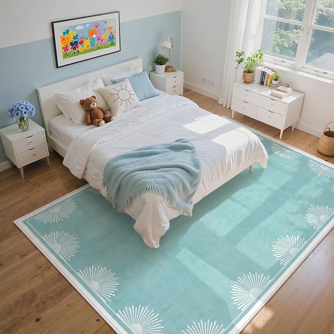 Hedlive Modern Bedroom Rug 8x10 Under Bed, Low Pile Washable Rugs for Living Room,Soft Sun Printed Large Rug,Aqua Dining Room Rugs for Under Table Classroom Dorm(8x10ft, Baby Blue)
