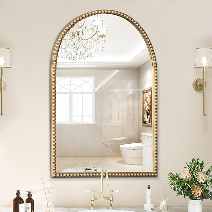 Arched Gold Wall Mirror Antique Beaded Frame Bathroom Wall Mirror Baroque Vanity Mirror Decorative Mirrors for Living Room,Bedroom