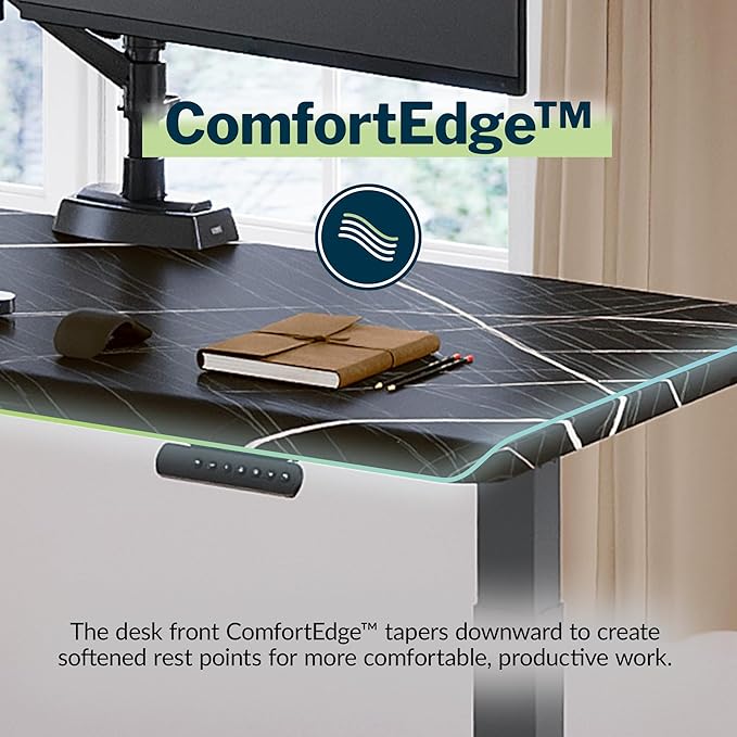 Vari ComfortEdge 60x30 Inch Adjustable Electric Standing Desk – Limited Edition Sit Stand VariDesk with Memory Presets & Sloped Front Edge + Tool-Free Assembly (Black Marble/Slate Legs)