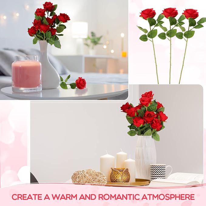 Jexine 50 Pcs Artificial Rose Flower Bulk Realistic Silk Fake Roses with Long Stem Plastic Artificial Flower Bouquet Real Looking for Home Wedding Centerpieces Party Decoration(Red)