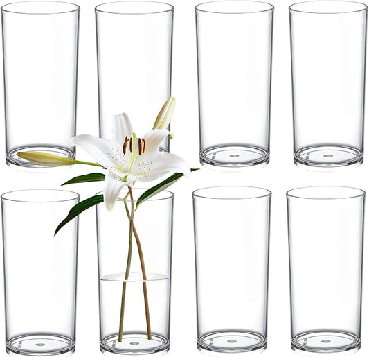 KLIFA- Carlsbad- Set of 8 Pieces, 6.26 Inch Tall, Plastic Cylinder Vases for Centerpieces, Shatterproof, High Transparency, Acrylic Flower Vase for Wedding, Parties and Home Decorations, Clear