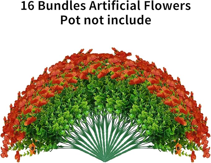 Artificial Fake Plants Flowers for Outdoor Fall Autumn Decoration，16 Bundles Fake Plants UV Resistant No Fade Faux Plastic Greenery Boxwood Porch Patio Fall Mums Home Decor
