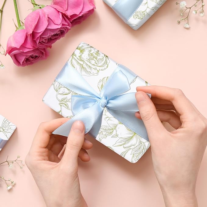 RayofSun Green Floral Wrapping Paper Roll 17 in x 32 ft Mini Roll Vintage Toile Flower Gift Wrap Paper for All Occasion Wedding Birthday Bridal Shower Party Baby Shower Christmas