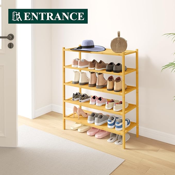 Smiry Bamboo Shoe Rack, 5 Tier Shoe Organizer for Entryway & Closet, Stackable Free Standing Storage Shelf for Shoes, Bags & Plants, Natural