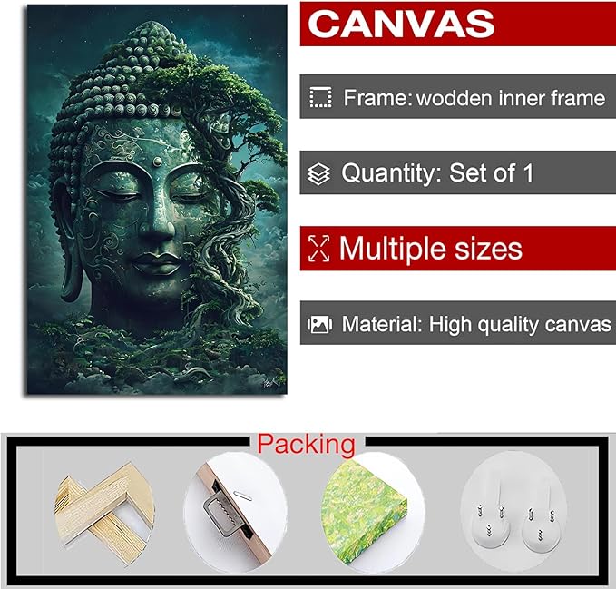 Buddha statue wall art canvas wall decor aesthetic picture mystical nature art for tranquil home and spiritual space 16x24in Wood Framed