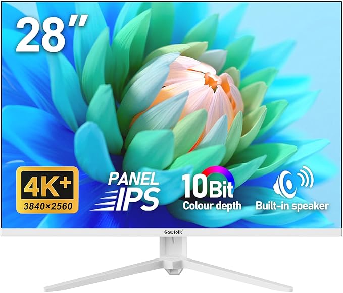 Gawfolk 28 inch UHD 4K Computer Monitor, IPS Ultra HD (3840×2560p) Screen, 3:2, 10Bit, 1.07 Billion Colours, 128% sRGB, Built-in Speakers, 178° Wide Viewing Angle DisplayPort 1.4 & HDMI 2.0, White