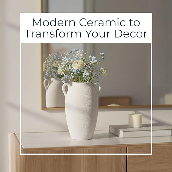Decorative Vase for Home Decor – Textured Ceramic Jug with Handles, White Table Vase for Flowers, Modern Centerpiece for Living Room Styling or Shelf Displays, Casual Home Accent – 13", White