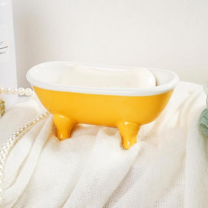 5.7" Ceramic Mini Clawfoot Bathtub Bar Soap Dish, Decorative Bar Soap Holder for Shower, Bathroom & Kitchen Sink (Yellow)