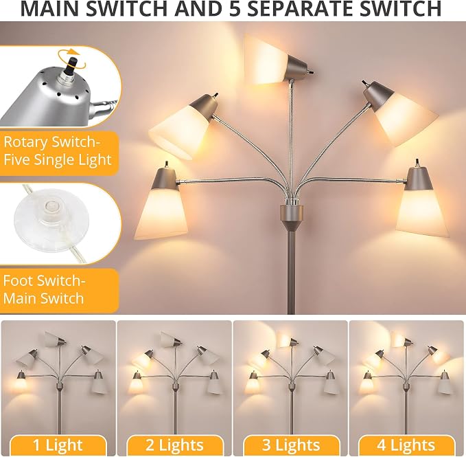 FOLKSMATE LED Floor Lamp, Medusa Multi-Head Modern Tall Standing Lamps, Adjustable Corner Reading Floor Light for Living Room, Bedroom, Kid Room, Classroom, Colored Lampshades, Silver Grey