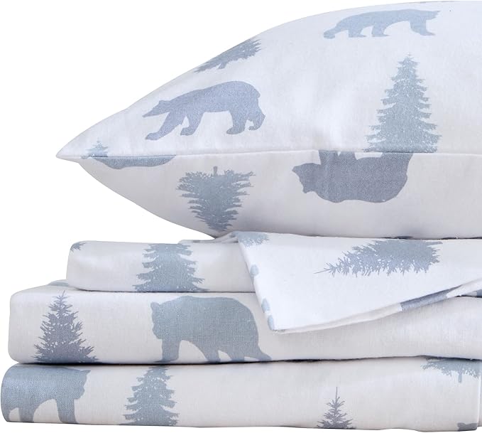 Market & Place 100% Turkish Cotton Flannel Sheet Set | 4 Piece Deep Pocket Novelty Cozy Winter Bed Sheets | Double Brushed for Extra Softness & Comfort | Alpine Collection (King, Grey Bears)