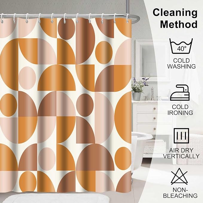 Vintage Orange and Beige Mid Century Modern Shower Curtain Boho Abstract Geometric Art Shower Curtains for Bathroom Decor 72x72 Inch Colorful Unique Pattern Washable Fabric Bathroom Set with 12 Hooks