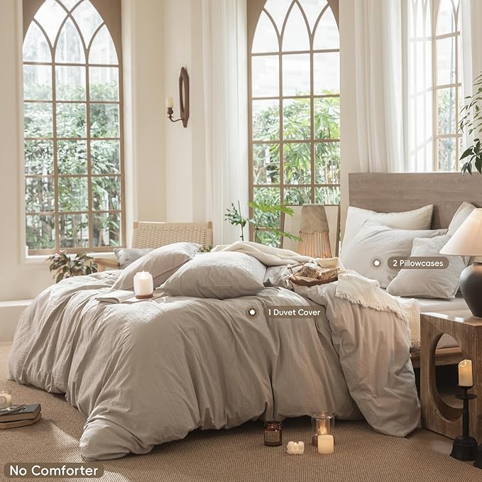 MooMee Wavy Striped Duvet Cover Set 100% Washed Cotton Linen Like Textured Breathable Durable Soft Comfy (Beige, Oversized Queen 98"x98")