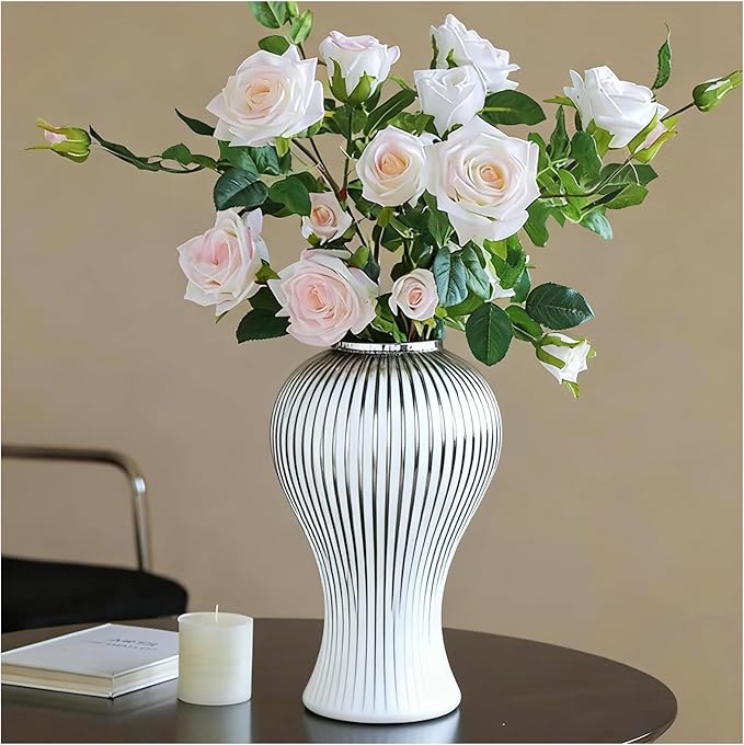 Ginger Jar, White Gold Ceramic Vase Large Handmade Porcelain Vases with Lid, White Gold Decorative Flower Vase for Home, Living Room, Weddings, Centerpieces (B-Silver-Medium)