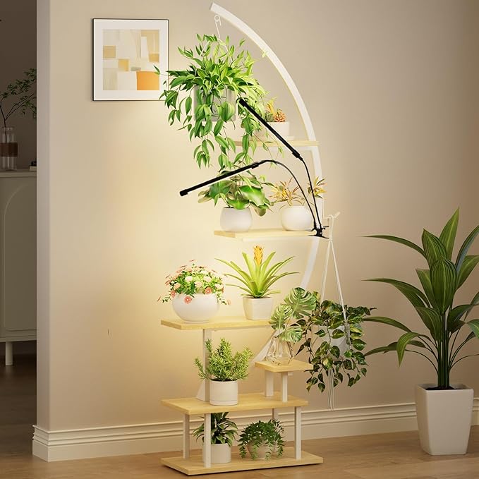 GREENSTELL Plant Stand Indoor with Grow Lights, 7-Tiered Tall Metal Plant Stand for Indoor Plants, Half-Moon Shape Display Shelf for Home,Living Room, Patio, White (1 Pack)