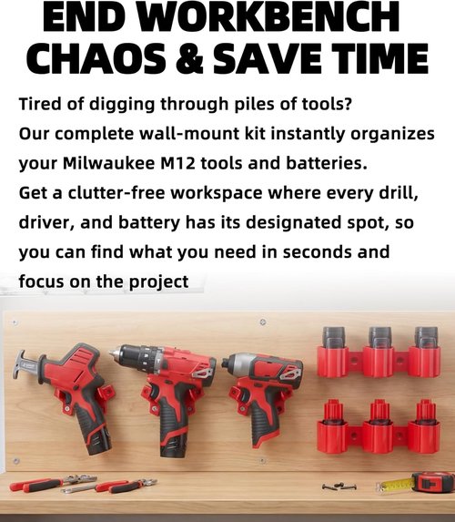 Milwaukee Tool Holders & Battery Wall Mount - All-in-One Organizer Kit for M12 Tools | Includes Screws