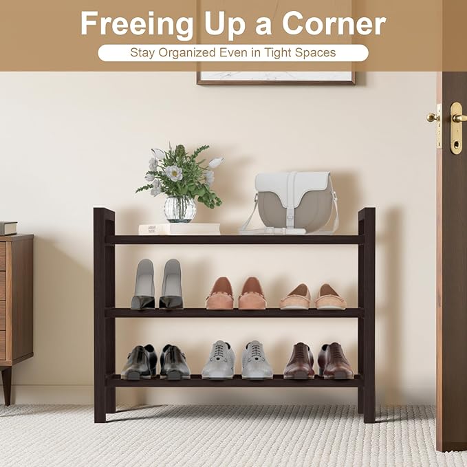 Haddockway Bamboo Shoe Rack for Closet, Free Standing Shoe Organizer with Smooth Round Rods & Convenient Handles, Stackable Shoe Storage Shelf for Entryway, Hallway(Brown, 3-Tier(Small))