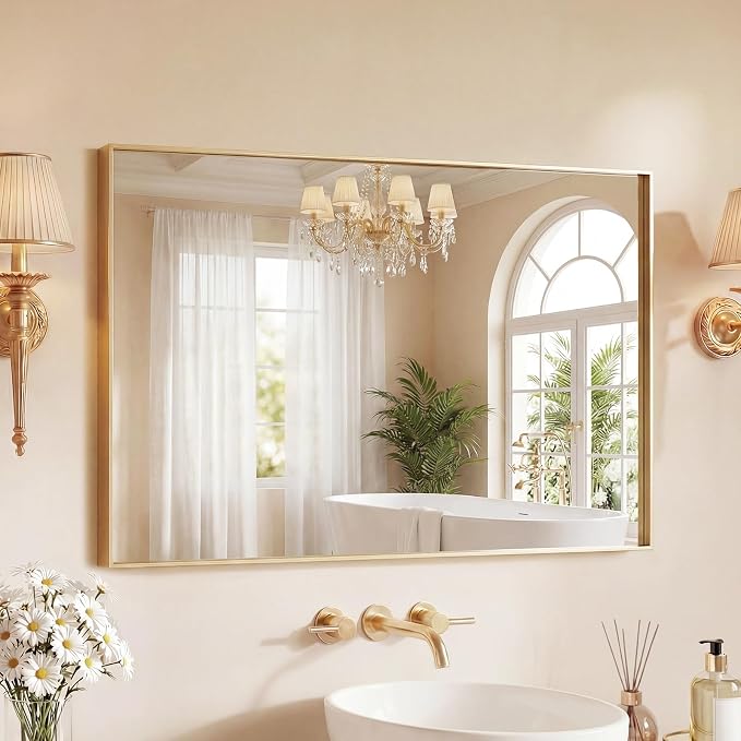 Sweetcrispy Bathroom Mirrors for Over Sink, 24" x 36" Rectangle Wall Mount Mirror with Metal Frame, Modern Vanity Mirror with Tempered Glass, for Home Decor, Anti-Rust, Gold