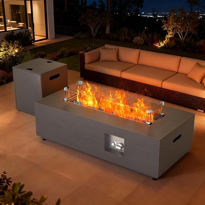 2-Piece 42" Rectangular Propane Fire Pit for Outside Patio with Hidden Tank Table, 50,000 BTU Fireplaces with Glass Wind Guard, Lid, Glass Rocks, Cover(Sand Beige)