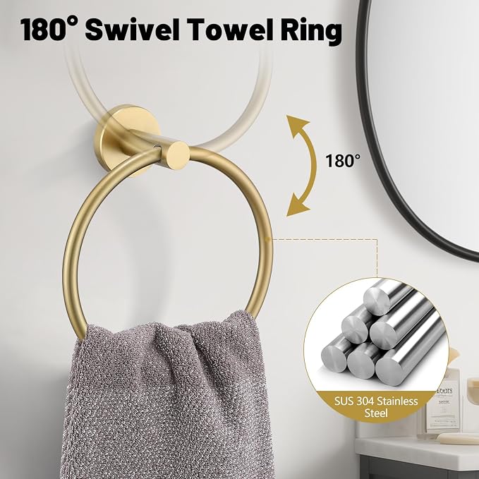 5 Pieces Brushed Gold Bathroom Hardware Accessories Set SUS304 Stainless Steel Gold Towel Bar Holder Set, 23.6Inch Towel Racks for Bathroom, Robe Towel Hooks, Toilet Paper Holder Wall Mounted