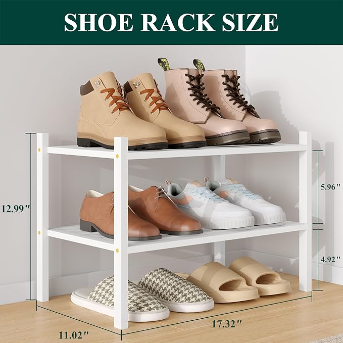 Smiry Small Bamboo Shoe Rack 2-Tier, Stackable Wooden Shoe Organizer for Entryway & Closet, Free Standing Wood Shoe Storage Shelf for Front Door & Small Spaces, White
