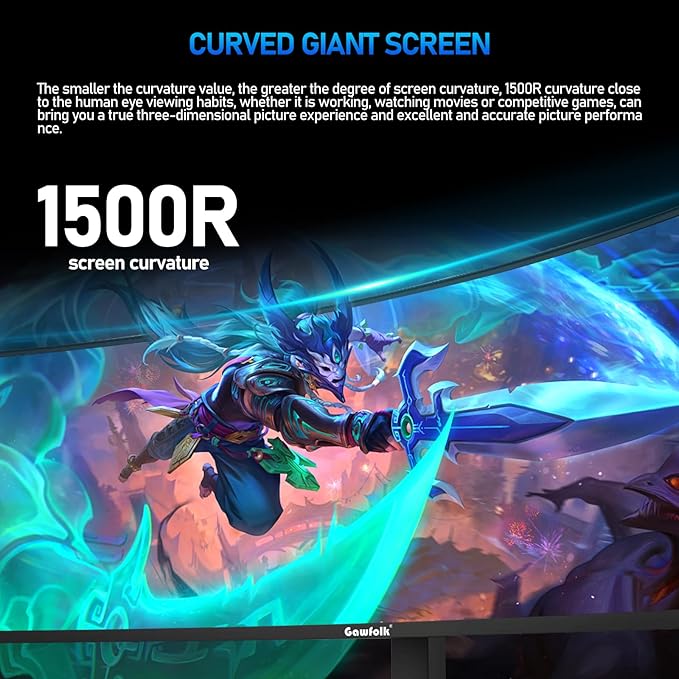 Gawfolk 49 inch Ultra-Wide Curved 1500R Gaming Computer Monitor, DQHD(5120×1440), 165Hz, 1MS, FreeSync, 120% sRGB, Height Adjustable PC Screen, HDMI2.1，DP1.4, Compatible Wall Mount 75 * 75mm - Black