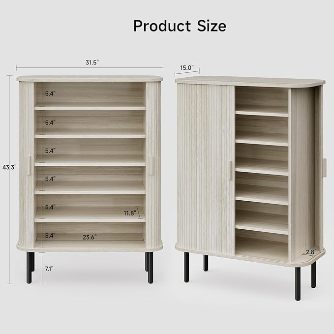 ONBRILL 6-Tier Shoe Cabinet with Sliding Door, Wooden Shoe Storage Cabinet with Adjustable Shelves, Mid-Century Modern Freestanding Shoe Storage Organizer for Entryway, Living Room, Hallway