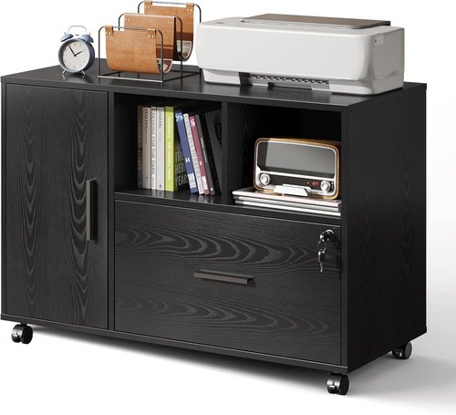 DEVAISE Office File Cabinet - Lockable 1-Drawer Lateral Filing Cabinet on Wheels | Black with Open Storage Shelves