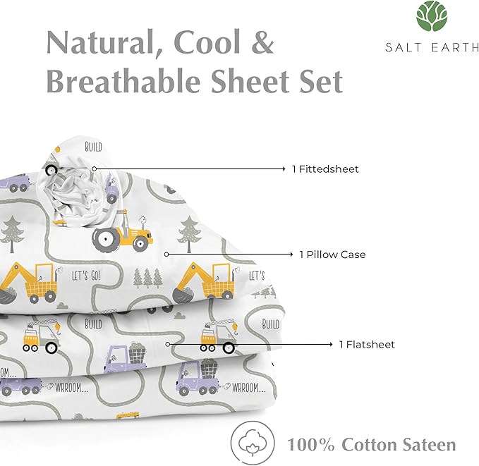 Salt Earth 100% Cotton 210TC Kids Bedsheet, Twin Sheets Set for Toddler Bed, 3 Piece Bedding Set Including Flat Sheet, Fitted Sheet, and Pillowcase, Themed Cute Sheets, Playful Kids Bed (Tractor)
