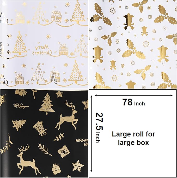 Linnoptimix Christmas Wrapping Paper Rolls -3 LARGE ROLL-27inch*78 inch per roll Colorful Foil Gold White Black Wrapping Paper (Christmas 2 White/Gold + 1 Black/Gold（004）)