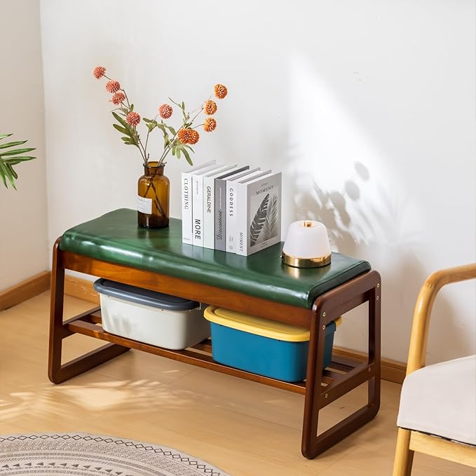 SOBIBO Solid Wood Shoe Bench, 2-Tier Entryway Bench with Cushion and Flip-Open Storage Box, Mid-Century Modern Shoe Bench Rack for Hallway, Mudroom(Green, 21.65'')
