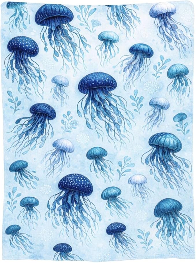 Jellyfish Blanket Marine Life Throw Blanket Blue Ocean Sea Soft Cozy Fleece Sealife Fuzzy Stuffed Plush Animal Flannel Gifts for Girls Women Boys Kids Adults 40''x50''