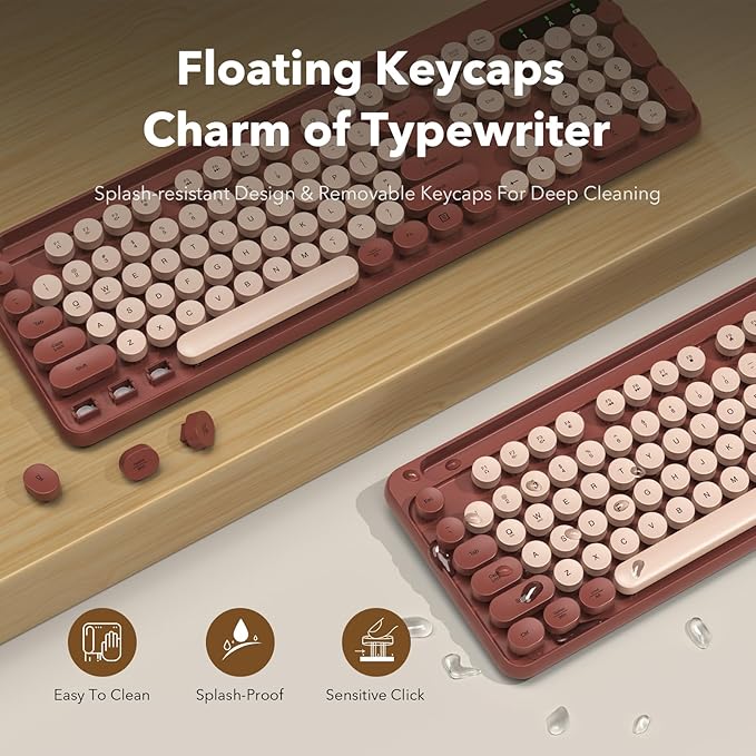 Wireless Keyboard and Mouse Combo, Retro Round Keycaps, Full-Size Cute Typewriter Keyboard with Large Phone/Tablet Holder, Auto-Sleep, 2.4GHz Cordless Connection for Windows/PC/Laptop (Wine Red)