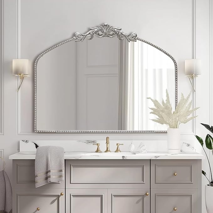 Antique Silver Arch Wall Mirror, 40"x30" Vintage Mantel Mirror with Ornate Metal Frame, Baroque Home Decor for Fireplace/Entryway/Bathroom/Living Room/Hallway