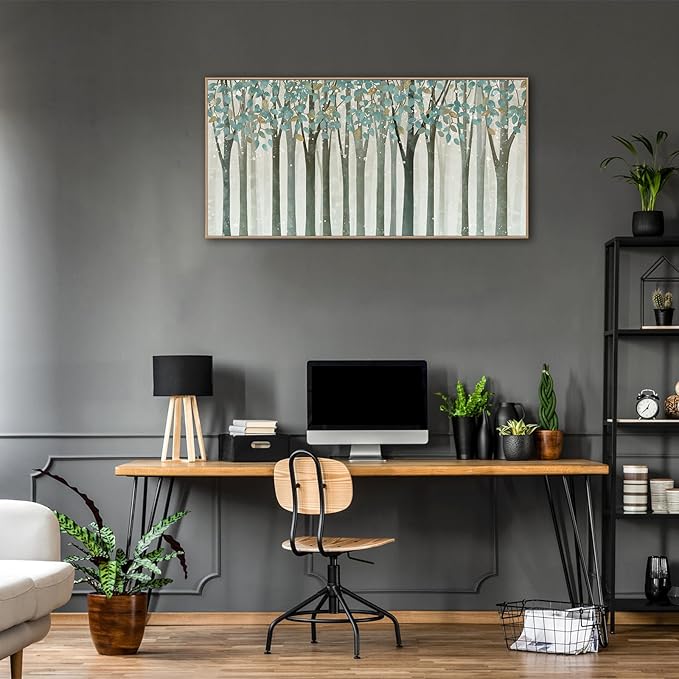 VEAEE Framed Birch Tree Wall Art - Living Room Wall Decor, Abstract Nature Forest Landscape Canvas Pictures, Teal Trees Paintings - Scenic Picture and Modern Home Decor for Bedroom Office 20" x 40"