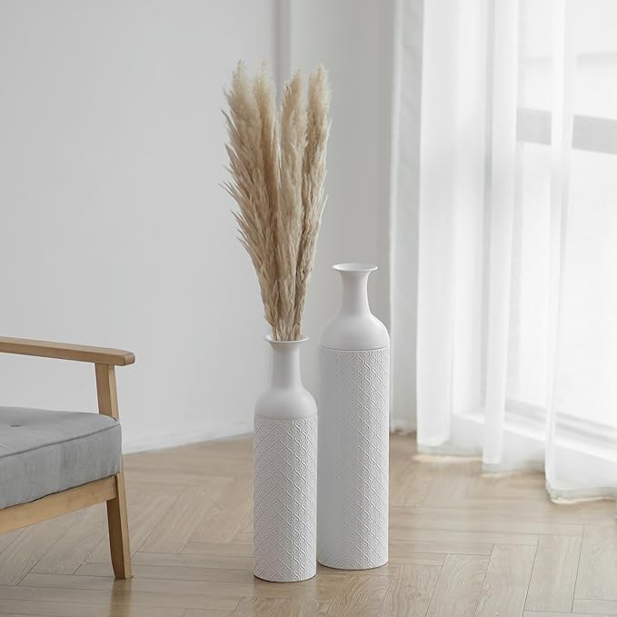 Sziqiqi White Tall Floor Vases: 27.6/21.7in Extra Large Metal Decorative Floor Vase - Set of 2 Big Boho Floor Vases for Pampas Grass Twigs - Oversized Floor Vase for Living Room Bedroom Home Corner