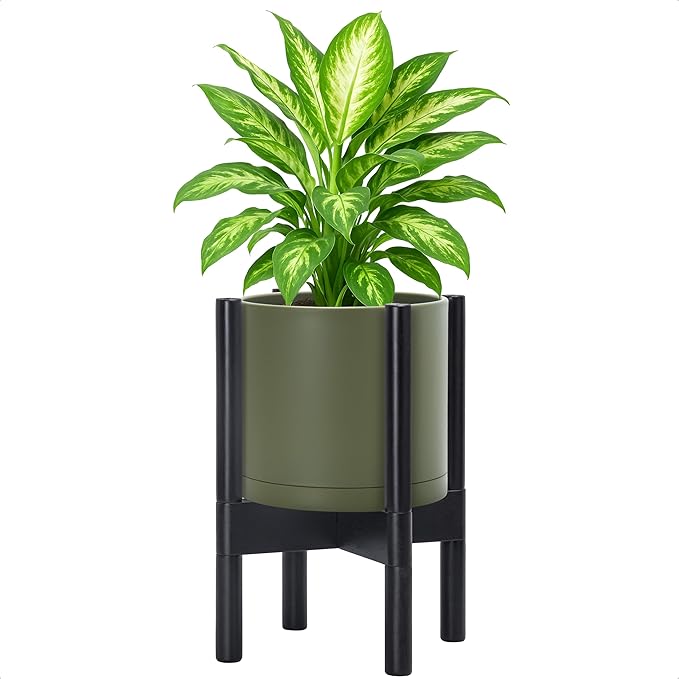 D'vine Dev Planter Pot with Stand - 8 Inch Plastic Cylinder Flower Pot with Wood Planter Holder for Indoor, Olive Pot + Ebony Stand, 55-C-K-3