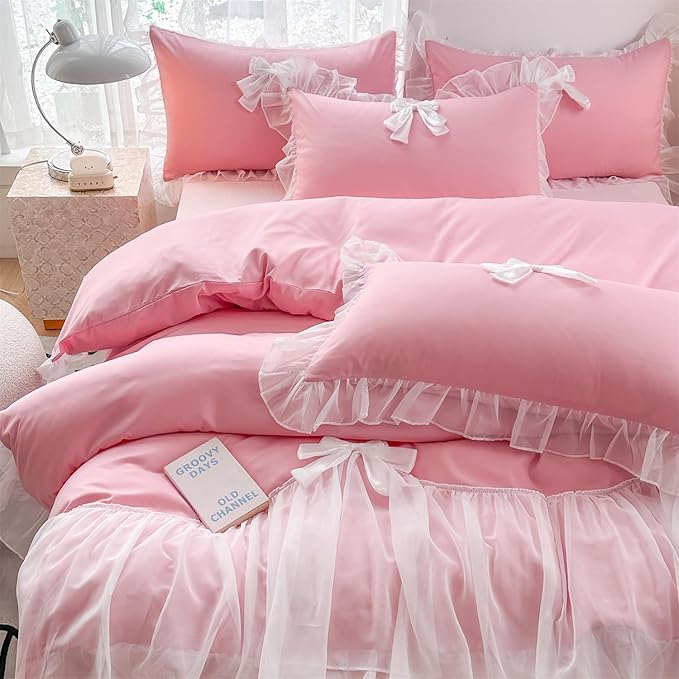 Girls Lace Bedding,Full Comforter Cover Set, Chic Ruffled Duvet Cover with Lovely Bow,Princess Style 1 Duvet Cover with 2 Pillowcases, No Comforter-Bright Pink,Full Size