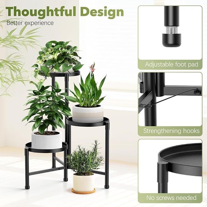 3 Tier Corner Plant Stand Indoor Outdoor, Metal Plant Shelf with 10 Inch Wide Tray,Flower Pot Display Holder Iron Rack Organizer Stand for Living Room Office Garden Patio Balcony Black