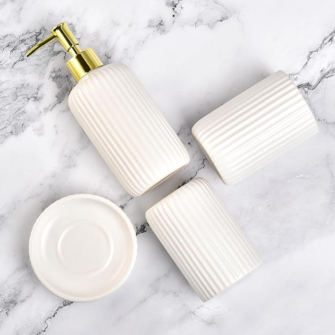 White Bathroom Accessories Set, 4PC Ceramic Bathroom Sets Complete-Toothbrush Holders, Soap Dispenser, Soap Dish, Toothbrush Cup, Modern White Gold Bathroom Decor, Bathroom Organizer for Countertop