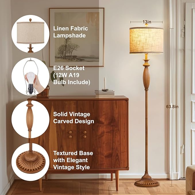 63.8" Vintage Floor Lamp with Rotary Switch, Dimmable Color Temperature Standing Lamp, Retro Farmhouse Floor Lamps for Living Room, Bedroom, Hallway, Office, Room Decor, Light Wood Grain